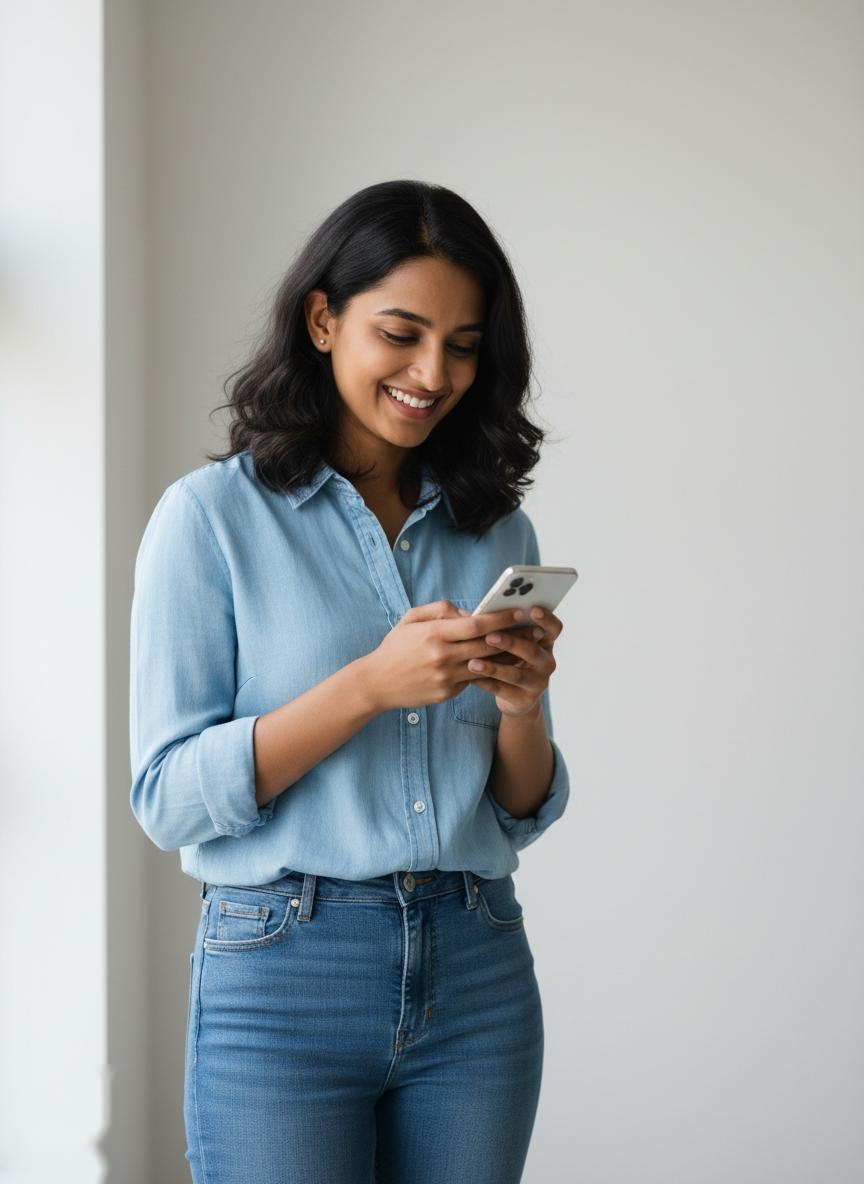 Indian woman checking loan eligibility on mobile
